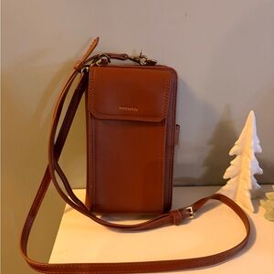 Faux Leather Crossbody Phone Bag in Cognac